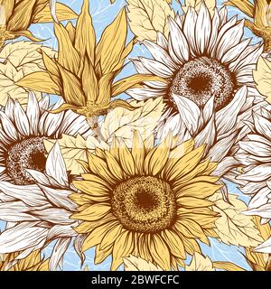 Pastel Sunflowers field seamless vector pattern for fabric textile design. Flat colors, easy to print. Line art colored yellow blue wildflowers with pastel orange leaves silhouettes.Sunflower Bloom Stock Vector