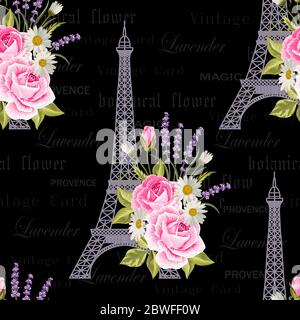 Seamless floral pattern with Eiffel towers on vintage postcard background. Vector illustration Stock Vector