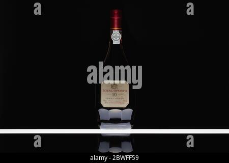 Prague, Czech Republic - 30 May,2020:The bottle of Royal Oporto 10 Years Old Tawny Porto from The Real Companhia Velha. It was founded 10th September Stock Photo