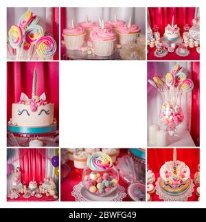 Collage with unicorn sweets for a party. Stock Photo