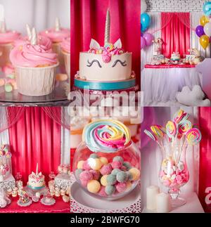 Collage with unicorn sweets for a party. Stock Photo
