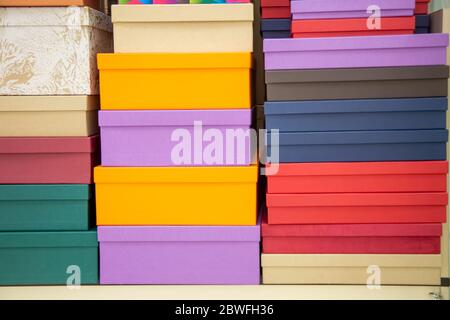 texture set of multicolored packaging gift boxes. close-up, soft focus. Stock Photo
