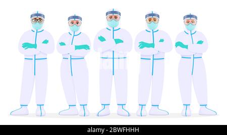 Group of doctors in protection suit, face shield, mask and goggles. Team of medical staffs with personal protective equipment. Physicians illustration. Stock Vector