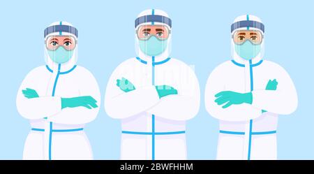 Team of doctors in protection suit, face shield, mask and goggles. Group of medical staff with personal protective equipment. Surgeons illustration. Stock Vector