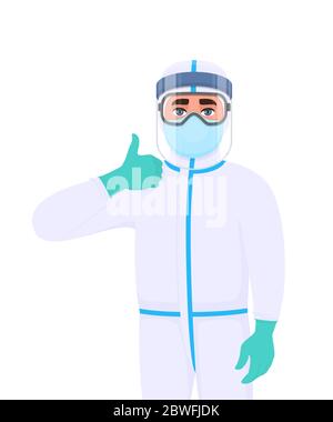 Doctor in protective suit showing thumbs up gesture sign. Medical staff wearing face shield, gloves and gesturing hand. Physician covering full body. Stock Vector