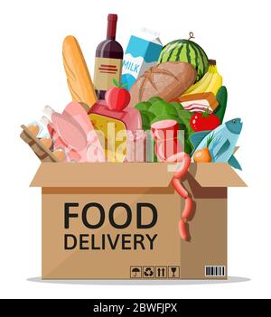 Cardboard box with fresh products. Delivery concept. Grocery store, supermarket. Food and drinks. Milk, vegetables, meat, salad, bread cereal steak egg. Vector illustration flat style Stock Vector