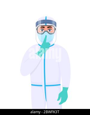 Doctor in protective suit asking silence gesture sign. Medical staff wearing face shield and showing finger on lips. Physician covering with safety Stock Vector