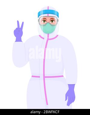 Female doctor in safety protective suit, mask and face shield showing victory or peace gesture sign. Physician gesturing success/winner hand symbol. Stock Vector