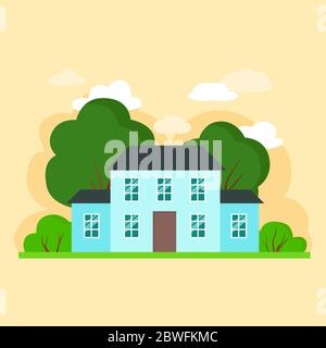 Simple  flat blue house with green trees on yellow background. Vector Illustration of cityscape.Cottage, modern architecture. Idea of real estate. Stock Vector