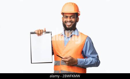 African American Construction Worker Offering Contract Over White Background, Panorama Stock Photo
