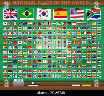 All national flags of the world on realistic green color chalkboard background . Country flag with name was attached by adhesive tape . Vector . Stock Vector