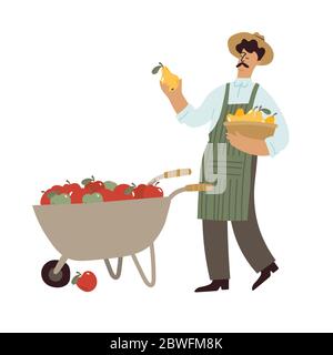 Man standing with wheelbarrow and selling apples and pears. Stock Vector