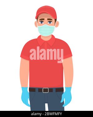 Courier or delivery man in safety protective medical mask and gloves. Online delivery or parcel service during quarantine. Corona virus disease. Stock Vector