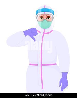 Unhappy female doctor in safety protective suit, glasses and mask showing thumbs down gesture sign. Physician gesturing dislike hand symbol. Corona Stock Vector