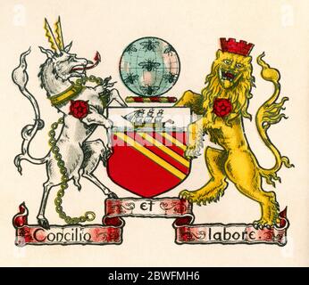 Coat of arms of Manchester, England.  From The Business Encyclopaedia and Legal Adviser, published 1907. Stock Photo