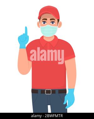 Delivery man or courier in safety medical mask, gloves pointing finger up. Person showing or gesturing hand sign. Door delivery service quarantine. Stock Vector