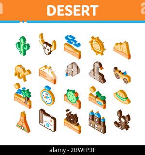 Desert Sandy Landscape Isometric Icons Set Vector Stock Vector