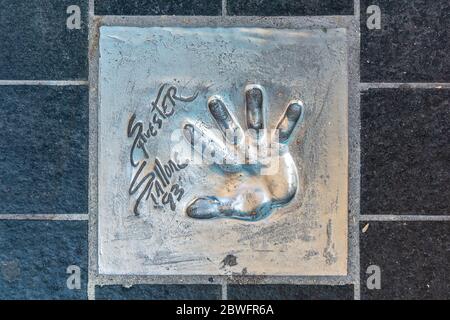 Cannes, France - June 12, 2019 : Handprints of celebrities. The imprint of the hand of a famous American actor Sylvester Stallone. Stock Photo