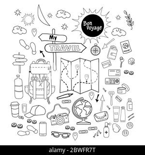 Tourist set. Doodle linear drawings of luggage for tourist and travel. Traveling things and objects are all for a person and comfort. All elements are Stock Vector