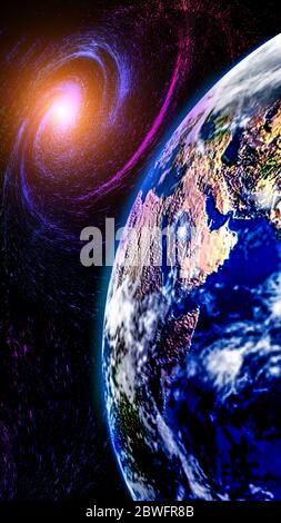 3D rendering of parts of the earth and the cosmic galaxy vortex. Stock Photo