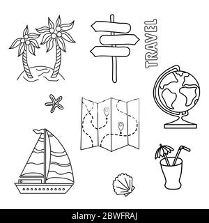 Illustration for lifestyle design. Travel set of doodles. Outline symbol collection. Globe, cockleshell, navigation, cocktail Stock Vector