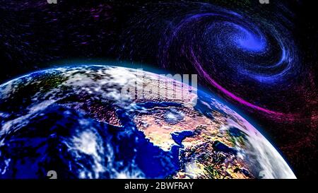 3D rendering of parts of the earth and the cosmic galaxy vortex