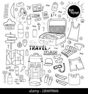 Doodle travel stuff. Set of pictures Traveling men on vacation. Fees for baggage, things, clothes and shoes. Men's set. All elements are isolated.