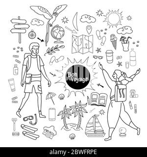 Girl and guy are tourists. Set of Doodle travel stuff , things and items. Travel, Vacation, summer in the tropics at sea with a parrot. Happy people Stock Vector