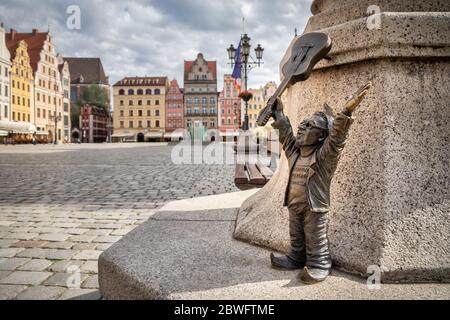 Wroclaw, Poland - 30 May 2020: Dwarf called 'Leszko' in honor of Guitar Guinness World Record on Rynek square Stock Photo