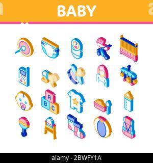 Baby Clothes And Tools Isometric Icons Set Vector Stock Vector