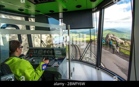 Panoramic train going to the top of the Puy de Dome volcano,  Unesco World heritage, Puy de Dome department, Auvergne Rhone Alpes, France Stock Photo
