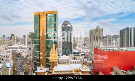 aerial view of downtown Shanghai near Jing An Temple and Nanjin Road after an unusual snowfall in the morning Stock Photo