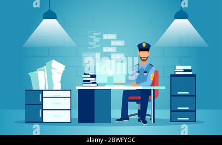 Vector of a busy male police officer sitting in his office at a police station Stock Vector