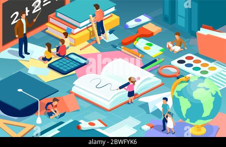 Isometric vector of a teacher explaning class and children learning and playing together surrounded by books, and school supplies Stock Vector