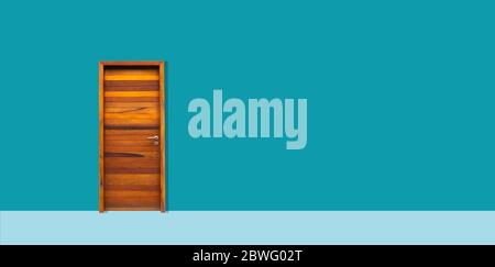 Wooden door on the colorful wall. Minimalist architecture concept background with copy space. Stock Photo