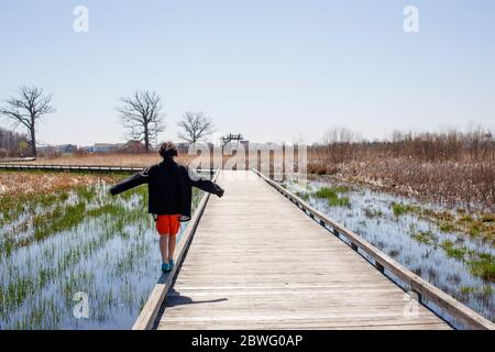 A boy walks on the edge of a wooden bridge across wetlands in Spring Stock Photo