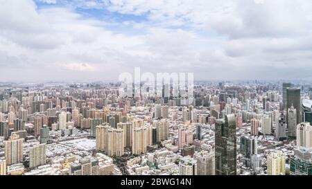 aerial view of downtown Shanghai near Jing An Temple and Nanjin Road after an unusual snowfall in the morning Stock Photo