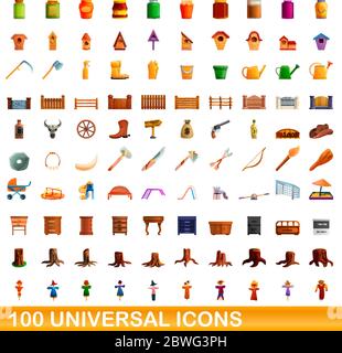 100 universal icons set. Cartoon illustration of 100 universal icons vector set isolated on white background Stock Vector