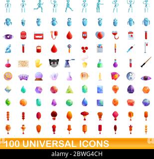 100 universal icons set. Cartoon illustration of 100 universal icons vector set isolated on white background Stock Vector