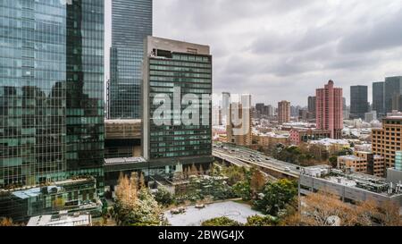 aerial view of downtown Shanghai near Jing An Temple and Nanjin Road after an unusual snowfall in the morning Stock Photo