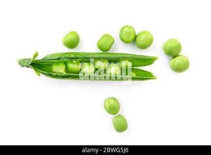 Close-up fresh, raw green pea with peas isolated on white background Stock Photo