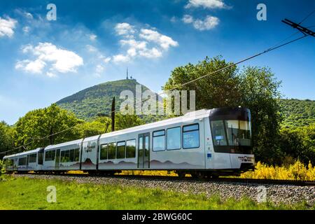 Panoramic train going to the top of the Puy de Dome volcano in the Park Regional of Auvergne volcanoes Stock Photo