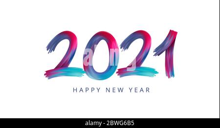 Happy New Year 2021. Acrylic paint rainbow colorful numbers. Number in the form of oil brush. Vector Stock Vector