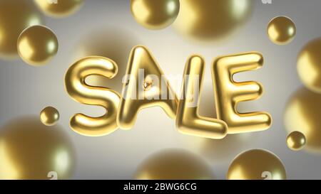 3D realistic golden inscription sale Abstract illustration with golden spheres. Gold metallic text for banner design. Vector horizontal background Stock Vector