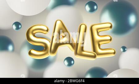 3D realistic golden inscription sale Abstract illustration with blue and white spheres. Gold metallic text for banner design. Vector horizontal Stock Vector