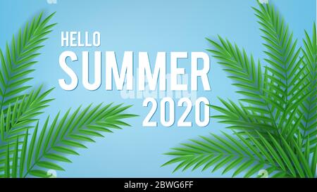 White inscription summer and realistic palm tree isolated on blue background, top view. Vector illustration template for products, advertizing Stock Vector