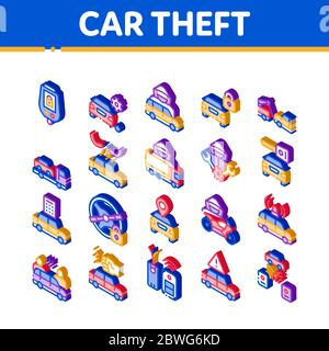 Car Theft Isometric Elements Icons Set Vector Stock Vector