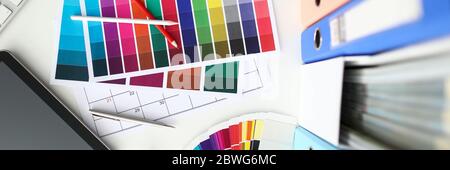 Top view of empty designer workspace with different objects Stock Photo