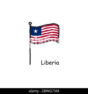 hand drawn sketchy Liberia flag on the flag pole. color flag . Stock Vector illustration isolated on white background. Stock Vector