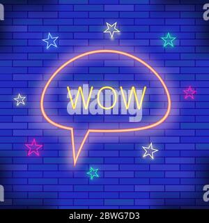 WOW Neon Light. Blue Brick Wall Background. Colorful Starry Pattern with Cartoon Speech Bubble Stock Vector